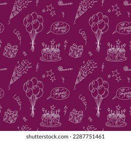 Cute birthday pattern. Seamless vector background with bday doodle elements. 