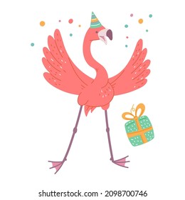 Cute Birthday pink flamingo in party hat. African bird cartoon flat illustration.