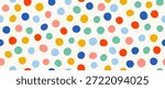 Cute birthday polka dot seamless pattern. Colorful clown repeated round confetti background. Pastel dotted wallpaper for Easter wrapping paper, birthday decoration, kid bday nursery decor. Vector