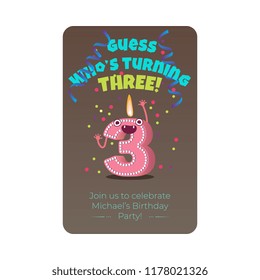 Cute birthday poster with candle number three 3 character with flame at his head dancing, guess whos turning three inscription. Kids birthday holiday party background design. Vector illustration