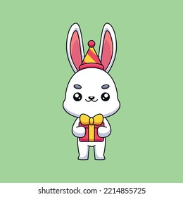 cute birthday rabbit cartoon mascot doodle art hand drawn concept vector kawaii icon illustration