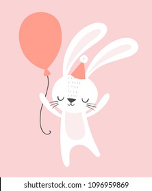 Cute birthday rabbit with a party hat and a balloon. Funny cartoon bunny vector illustration for birthday cards, invitations, nursery poster, art print and baby clothing.