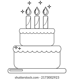 Cute birthday romantic cake with hearts and candles made for coloring book. for decoration, postcards, holiday