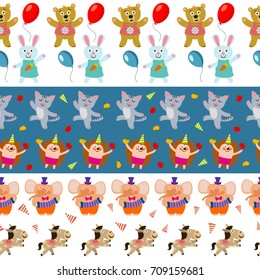 Cute birthday seamless borders with cartoon amimals. Background vector illustration