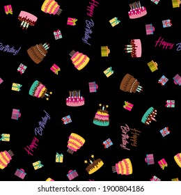Cute Birthday Seamless Pattern Background witj Cake, Candles. Design Element for Party Invitation, Congratulation. Vector Illustration