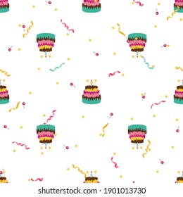 Cute Birthday Seamless Pattern Background witj Cake, Candles. Design Element for Party Invitation, Congratulation. Vector Illustration