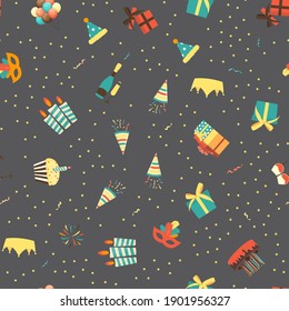 Cute Birthday Seamless Pattern Background with Cake, Candles. Design Element for Party Invitation, Congratulation. Vector Illustration