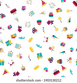 Cute Birthday Seamless Pattern Background with Cake, Candles. Design Element for Party Invitation, Congratulation. Vector Illustration