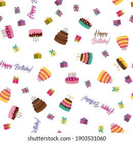 Cute Birthday Seamless Pattern Background witj Cake, Candles. Design Element for Party Invitation, Congratulation. Vector Illustration