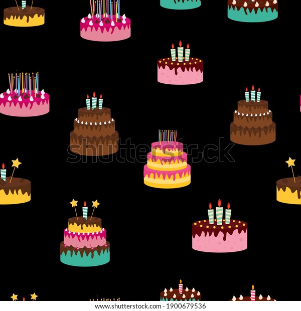 Cute Birthday Seamless Pattern Background\
witj Cake, Candles. Design Element for Party Invitation,\
Congratulation. Vector\
Illustration