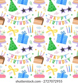 Bonito aniversário sem costura padrão com bolo, velas, presentes, chapéu de festa e guirlandas. Ilustração desenhada à mão colorida sobre fundo branco. Design festivo para embrulhar papel, cartões, têxteis e produtos infantis