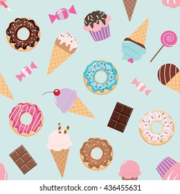 Cute birthday seamless pattern with different sweets on blue.