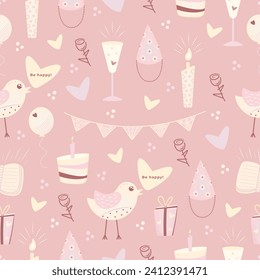 Cute birthday seamless pattern in scandinavian style, festive kawaii background in light pink and yellow colors