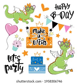 Cute birthday set with dragon, cake and lettering let's party, happy birthday, make a wish. Vector illustration isolated. Design for t-shirts, party decoration