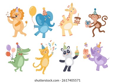 Cute birthday set safari animals with gifts, cake and balloons. Colorful and minimalist. Hand-drawn vector illustration in flat style.