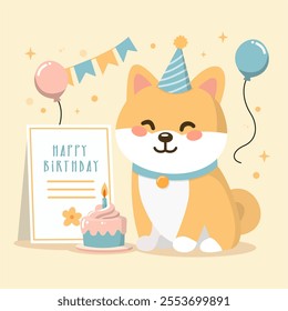 Cute Birthday Shiba Inu with Balloons, Card and Cake Vector Illustration - Perfect for Greeting Cards, Invitations, and Party Decorations