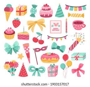 Cute birthday sticker. Party cake, greeting anniversary cupcake. Celebration garlands, doodle elements for cards planner exact vector set