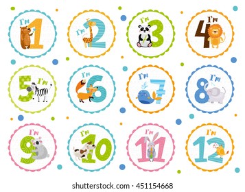 Cute birthday stickers with animals for babies