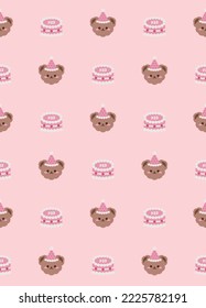 Cute birthday Teddy Bear with bento cake seamless pattern. Funny character. Greeting card, print, design template. Vector illustration. 
