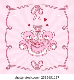 Cute birthday Teddy Bear s couple with bento cake and coattail. Funny character Valentine Greeting card, print, design template. Vector contour coquette illustration.