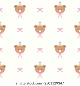 Cute birthday teddy seamless pattern design. Vintage style. Vector illustration.