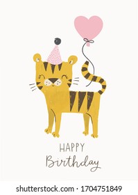 Cute birthday tiger with a party hat and a balloon. Funny cartoon tiger vector illustration for jungle party, birthday cards, invitations, nursery poster, art print and baby clothing.