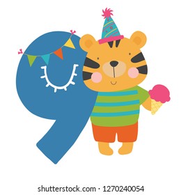 A cute birthday tiger, standing aside a giant number 9, tiger is holding a yummy ice-cream and wears a fun party hat...