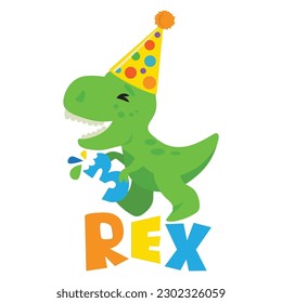 Cute birthday tyrannosaur vector cartoon illustration