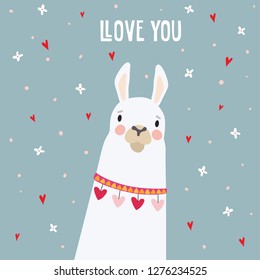 Cute birthday or Valentines day greeting card, invitation. Hand drawn white llama animal with falling flowers and hearts confetti. Vector illustration background.