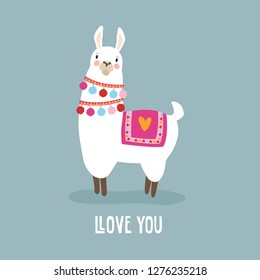 Cute birthday or Valentines day greeting card, invitation. Hand drawn white llama animal with llove you text. Vector illustration background, flat design.