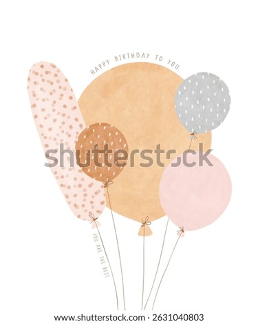 Cute Birthday Vector Card with a Bunch Of Air Balloons. Funny ​​Flying Balloons. Lovely Greeiting Card with Pink, Brown, Gray And Beige Balloons on a White Background. Gender Neutral Colors. RGB.