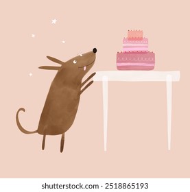 Cute Birthday Vector Card with Happy Brown Dog, Stars and Pink Cake. Funny Dog ​​Trying To Reach The Birthdaycake From The Table. Lovely Nursery Art with Sweet Hungry Puppy. Kids' Room Decoration.RGB.