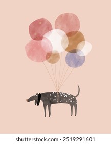 Cute Birthday Vector Card with Happy Black Dog and Air Balloons. Funny Dog ​​Flying with Balloons. Lovely Nursery Art with Sweet Black Puppy. Kids' Room Decoration. RGB. Cute Print For Dog Lovers.