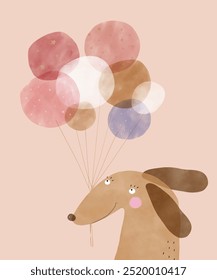 Cute Birthday Vector Card with Happy Brown Dog and Air Balloons. Funny Dog ​​Holding Bunch of Balloons. Lovely Hand Drawn Nursery Art with Sweet Puppy ideal for Kids' Room Decoration, Wall Art. RGB.