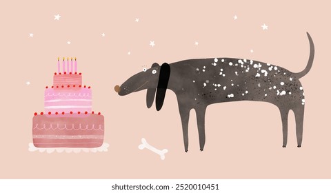 Cute Birthday Vector Card with Happy Black Dog, Stars and Pink Cake. Funny Dog ​​Trying To Eat The Birthday Cake. Lovely Nursery Art with Sweet Hungry Puppy. Kids' Room Decoration. RGB.For Dog Lovers.