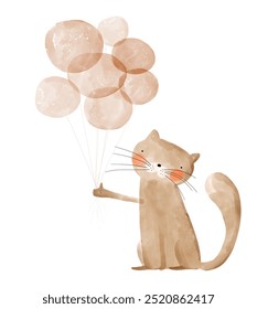 Cute Birthday Vector Card with Happy Brown Cat and Air Balloons. Funny Kitty ​​Holding Bunch of Balloons. Lovely Hand Drawn Nursery Art with Sweet Kitten ideal for Kids' Room Decoration, Wall Art. RGB