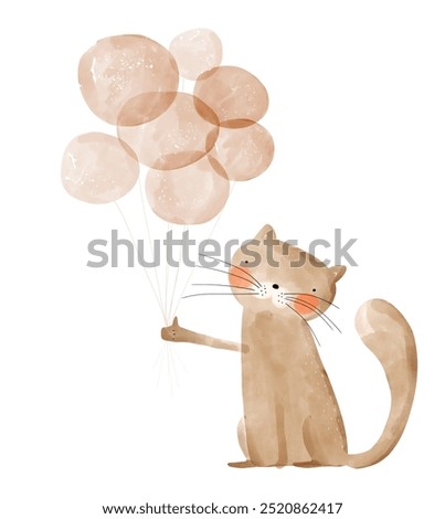 Cute Birthday Vector Card with Happy Brown Cat and Air Balloons. Funny Kitty ​​Holding Bunch of Balloons. Lovely Hand Drawn Nursery Art with Sweet Kitten ideal for Kids' Room Decoration, Wall Art. RGB