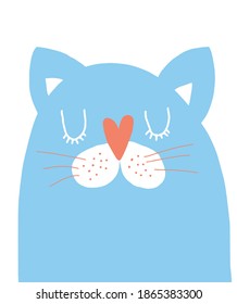 Cute Birthday Vector Illustration with Dreamy Cat. Blue Hand Drawn Kitty Isolated on a White Background. Infantile Style Nursery Art Ideal for Card, Invitation Wall Art, Poster, Greeting.