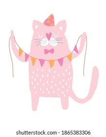 Cute Birthday Vector Illustration with Pink Cat in Party Hat. Pink Hand Drawn Kitty Isolated on a White Background. Infantile Style Nursery Art Ideal for Card, Invitation Wall Art, Poster, Greeting.