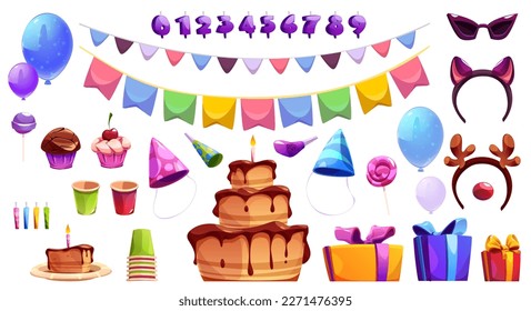 Cute birthday vector party element set with cake. Isolated ballon, hat, flar garland and candle number icon on white background. Surprise collection for fun kid celebration with chocolate dessert.