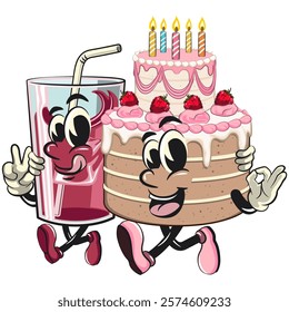cute birthday and weading tart cake cartoon character mascot walk with a glass juice ice character while giving a peace and giving an ok sign, work of hand drawn