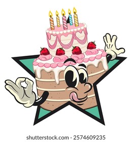 cute birthday and weading tart cake cartoon character mascot out from of a star by giving an OK sign, work of hand drawn