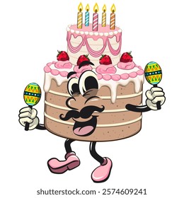 cute birthday and weading tart cake cartoon character mascot with moustache playing maracas, work of hand drawn