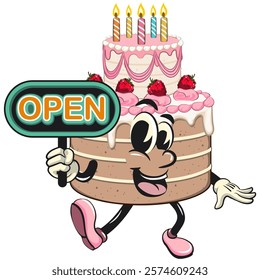 cute birthday and weading tart cake cartoon character mascot showing a sign that says open, work of hand drawn