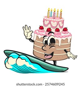 cute birthday and weading tart cake cartoon character mascot surfing riding the waves, work of hand drawn