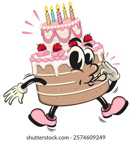 cute birthday and weading tart cake cartoon character mascot is blowing the whistle, work of hand drawn