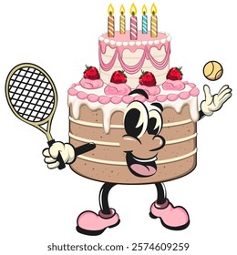 cute birthday and weading tart cake cartoon character mascot playing tennis, work of hand drawn