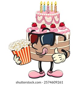 cute birthday and weading tart cake cartoon character mascot with a bucket of popcorn with wearing 3d glasses, work of hand drawn
