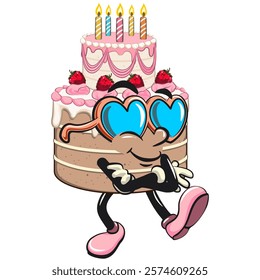 cute birthday and weading tart cake cartoon character mascot wearing heart shaped beach sunglasses, work of hand drawn