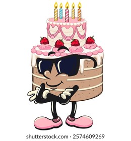 cute birthday and weading tart cake cartoon character mascot wearing sunglasses folding his arms calmly, work of hand drawn